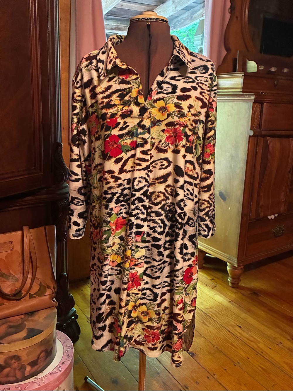 Attitudes by Renee Floral & Leopard Mix Shirt Dress - Cream, Black, Red, Green